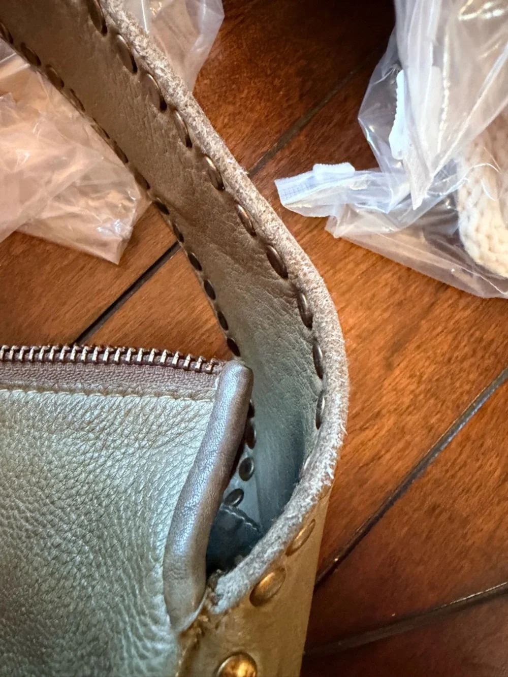 Stud-Trim Leather Hobo Shoulder Bag in Taupe - Picture 5 of 9